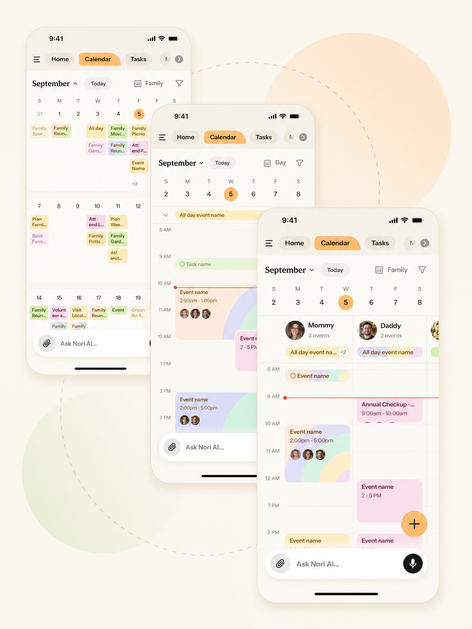 Three overlapping Nori calendar views: a month calendar, a color-coded day schedule, and a family view with Mommy and Daddy assigned events