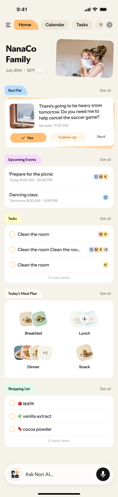 Nori Family Home showing the Ask Nori AI entry point, upcoming events, assigned tasks, today’s meal plan and shared shopping list